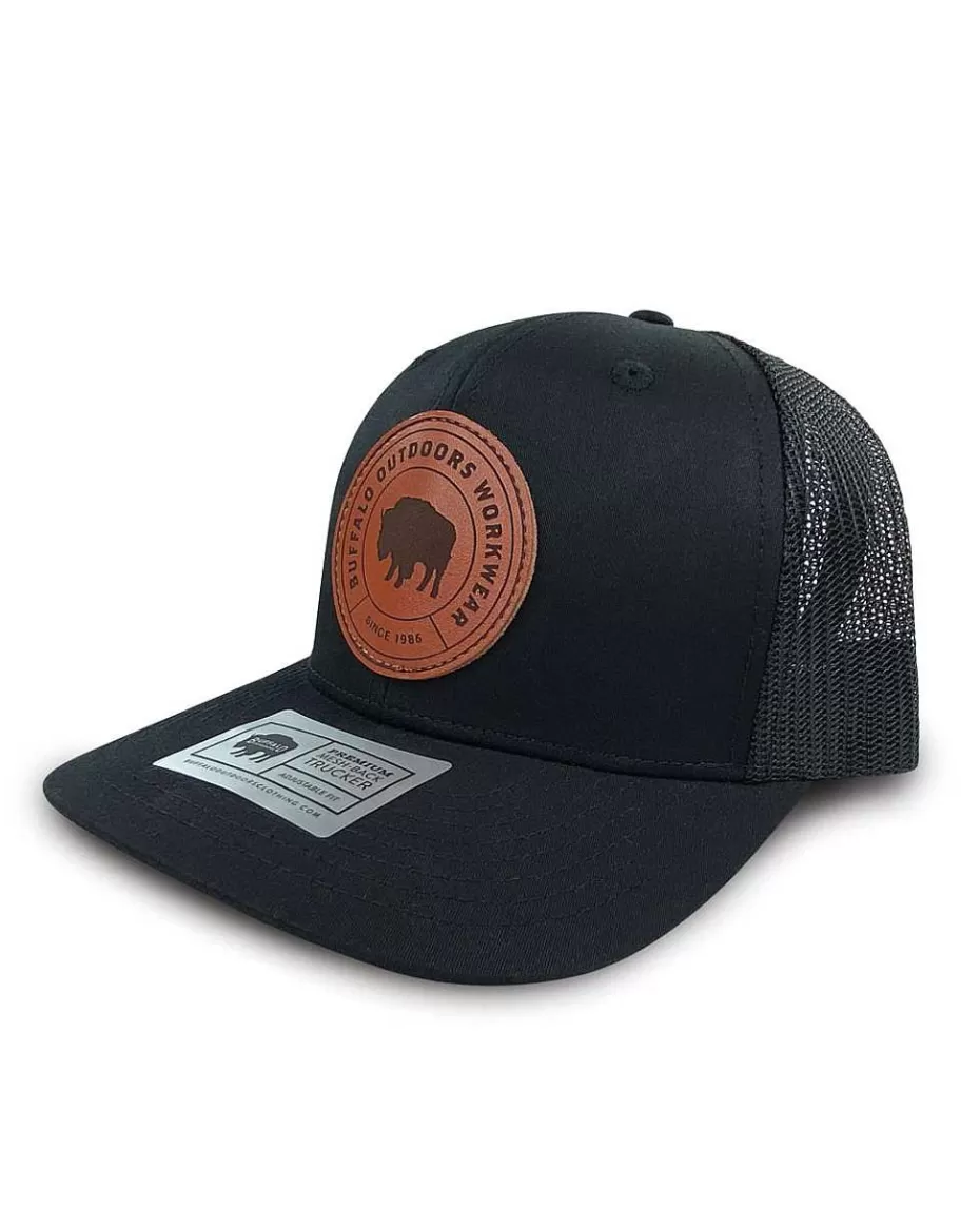Online ® Workwear Circle Patch Trucker Hat- Black/Black Accessories Trucker Hats