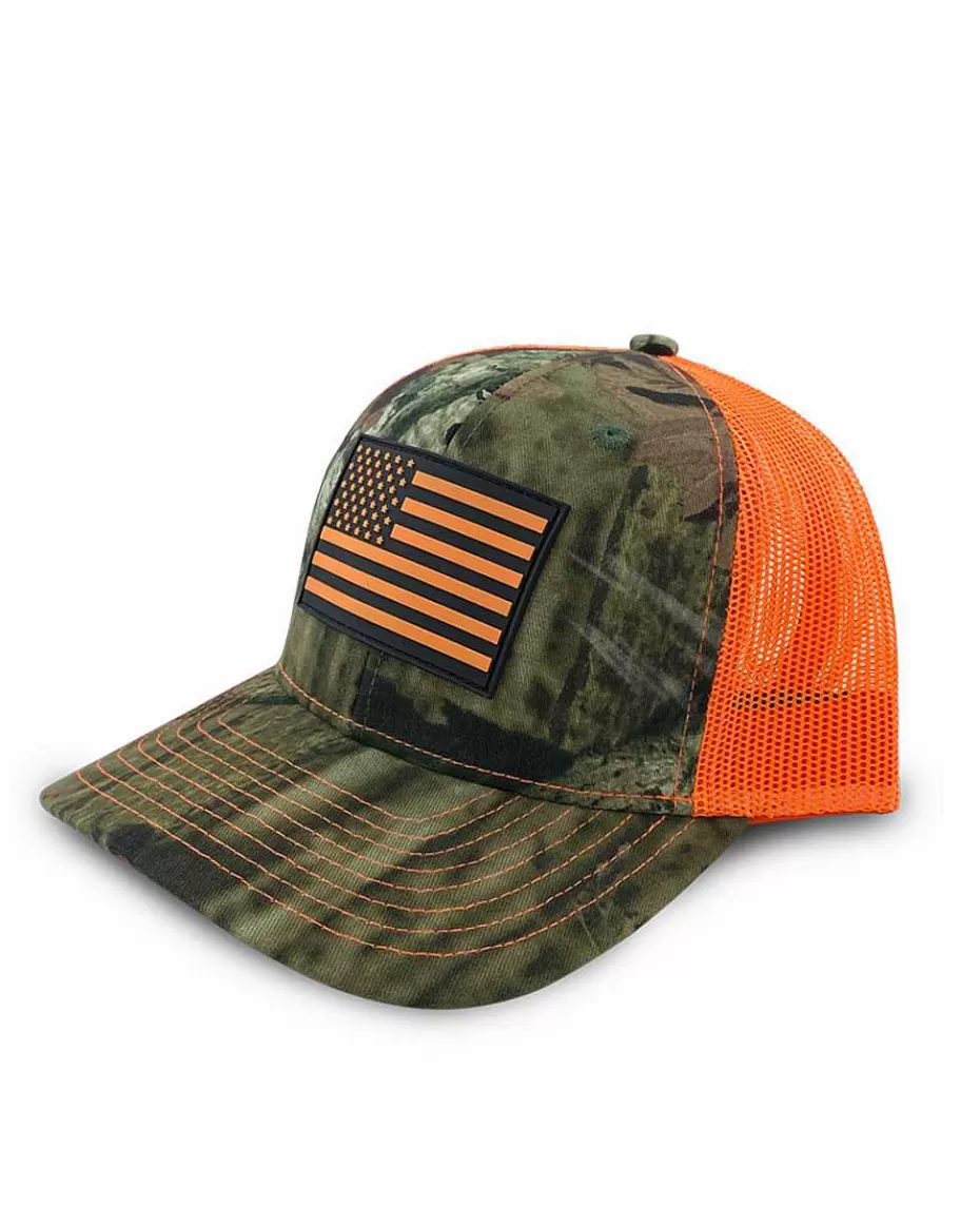 Fashion ® Workwear Hi-Vis Flag Patch Premium Camo Trucker Hat-Orange Accessories Trucker Hats