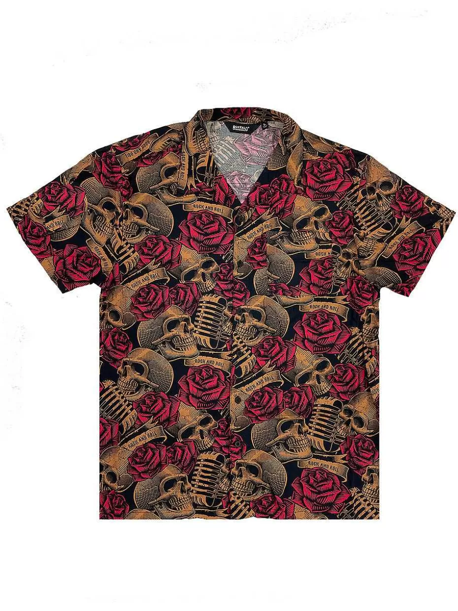Discount ® Workwear Men's Button Down All-Over Print Camp Shirts -Skulls N' Roses Men Button Down Shirts