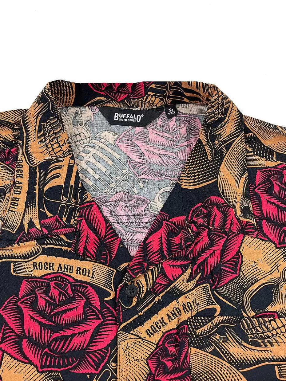 Discount ® Workwear Men's Button Down All-Over Print Camp Shirts -Skulls N' Roses Men Button Down Shirts