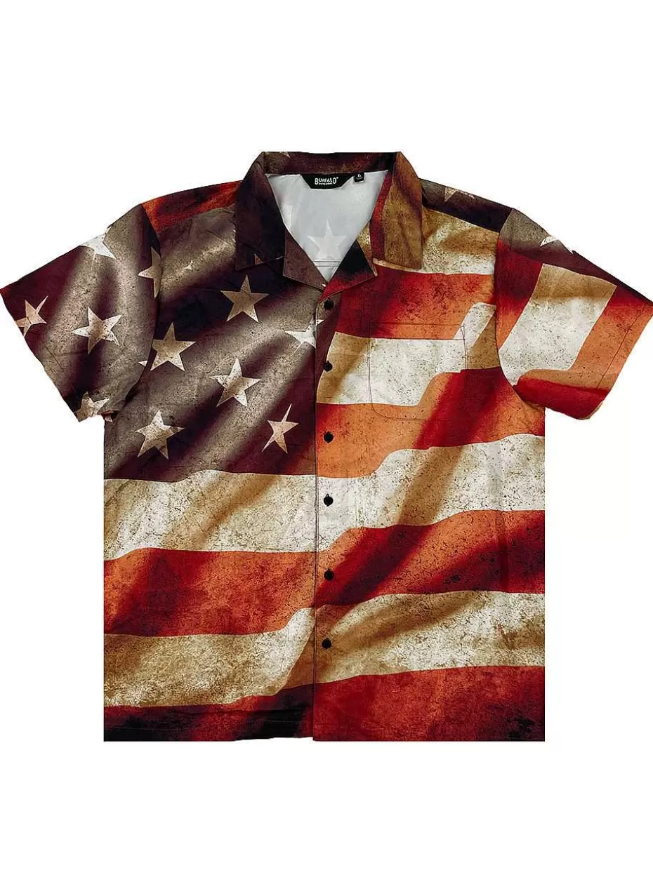 Best ® Workwear Men's Button Down All-Over Print Camp Shirts -Stars N' Stripes Men Button Down Shirts