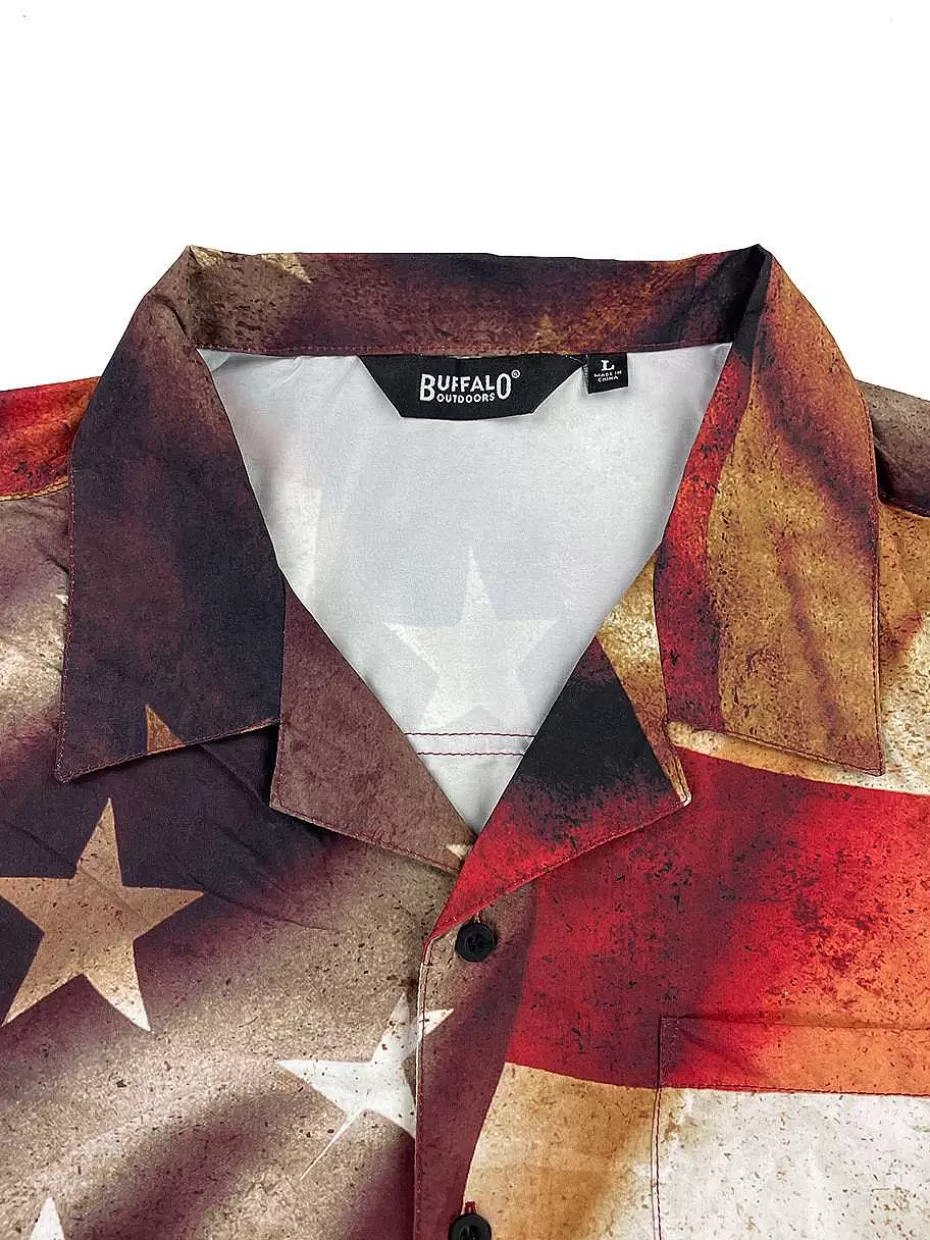 Best ® Workwear Men's Button Down All-Over Print Camp Shirts -Stars N' Stripes Men Button Down Shirts