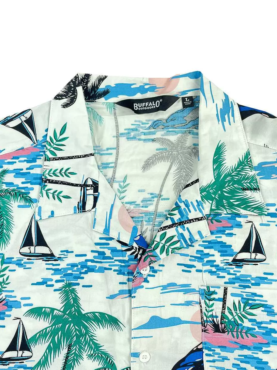 Fashion ® Workwear Men's Button Down All-Over Print Camp Shirts-Blue Hawaii Men Button Down Shirts
