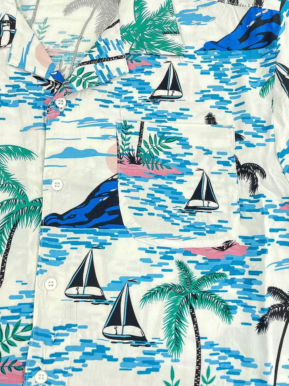 Fashion ® Workwear Men's Button Down All-Over Print Camp Shirts-Blue Hawaii Men Button Down Shirts
