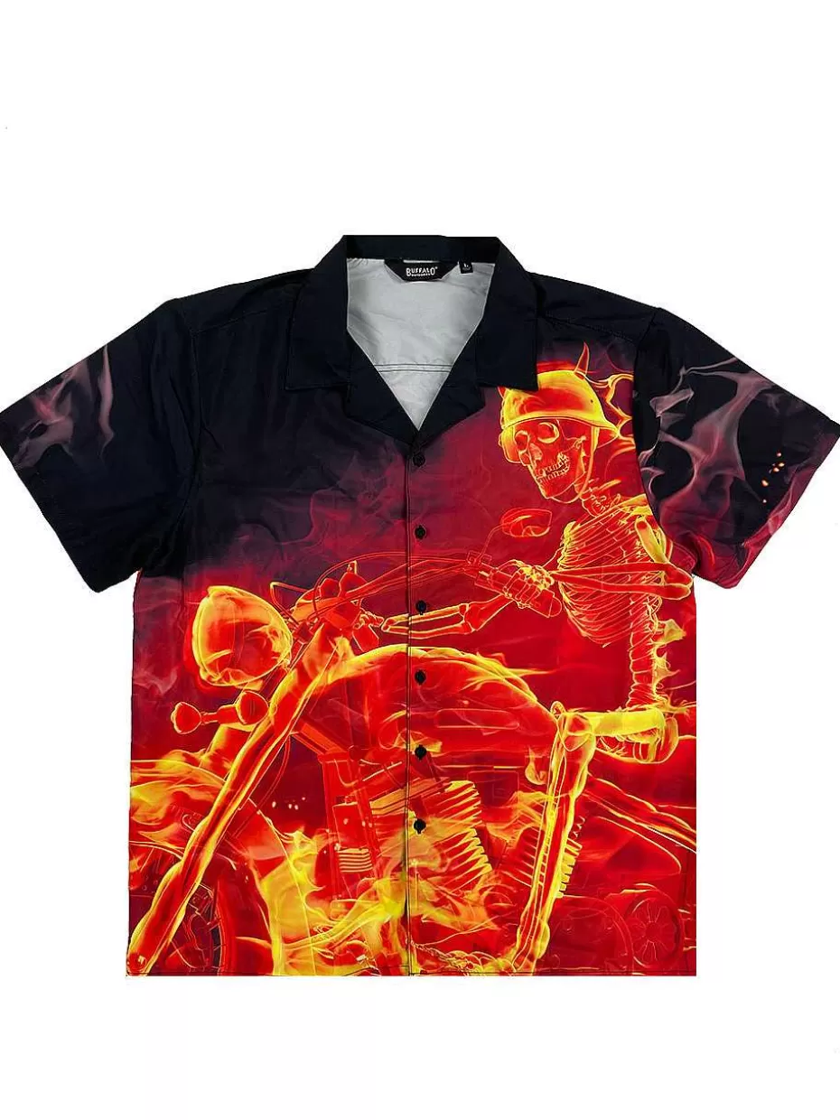Clearance ® Workwear Men's Button Down All-Over Print Camp Shirts-Hell Rider Men Button Down Shirts
